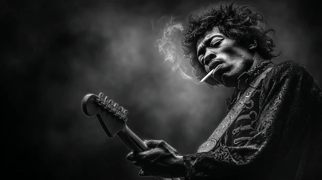 Jimi Hendrix On Stage Electric Guitar Vintage Black and White