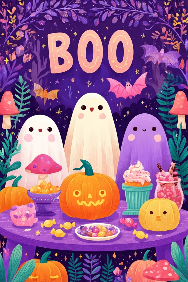 Cute Halloween Boo Scene Ghosts Pumpkins and Candy