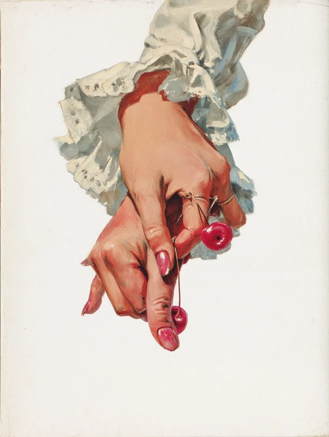 Vintage Pulp Art Hand Holding Cherries Close Up