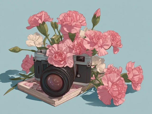 Carnation Bouquet with Camera Illustration