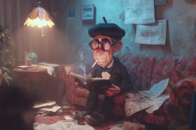 Anxious Man in Black Suit Smoking and Reading