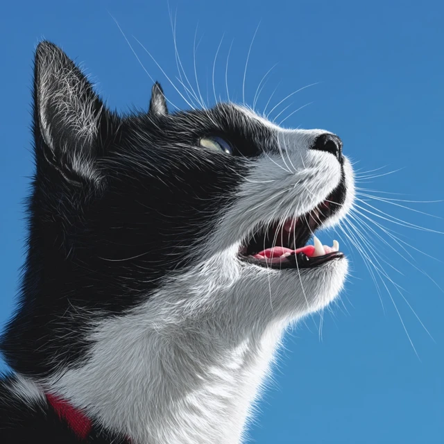 Excited Tuxedo Cat Profile Against Blue Sky