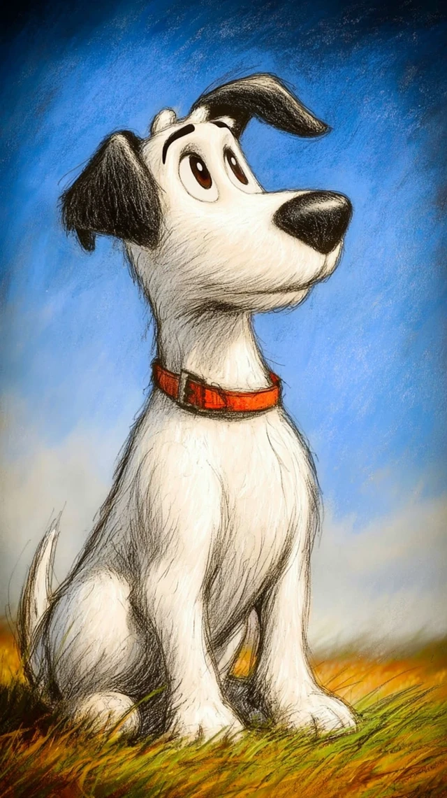 Idefix Cartoon Dog on Grass and Sky