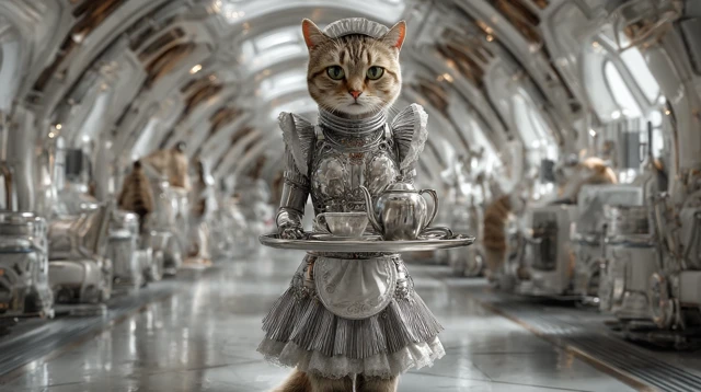 Maid Cat in Space Photorealistic Image