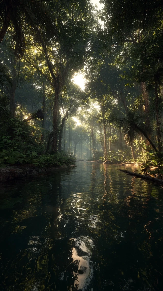 Majestic Rainforest Scene Sunlight and Reflections