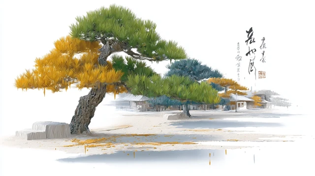 Dreamlike Ink Painting Pine Tree Landscape Art Illustration