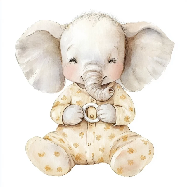 Watercolor Baby Elephant in Pajamas with Pacifier