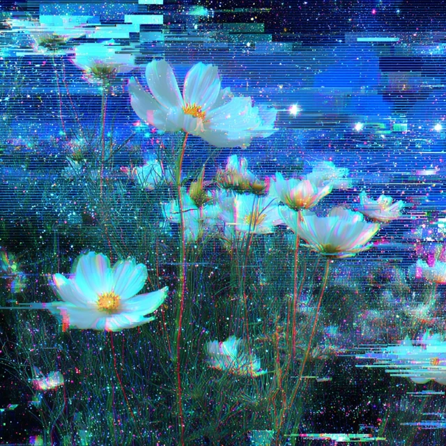 Glitch Art White Flowers Retro Design