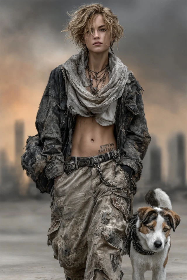 Post Apocalyptic Woman and Dog Cityscape