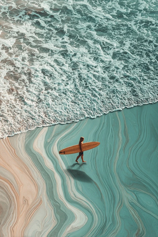 Girl Surfer Walking on Beach with Surfboard