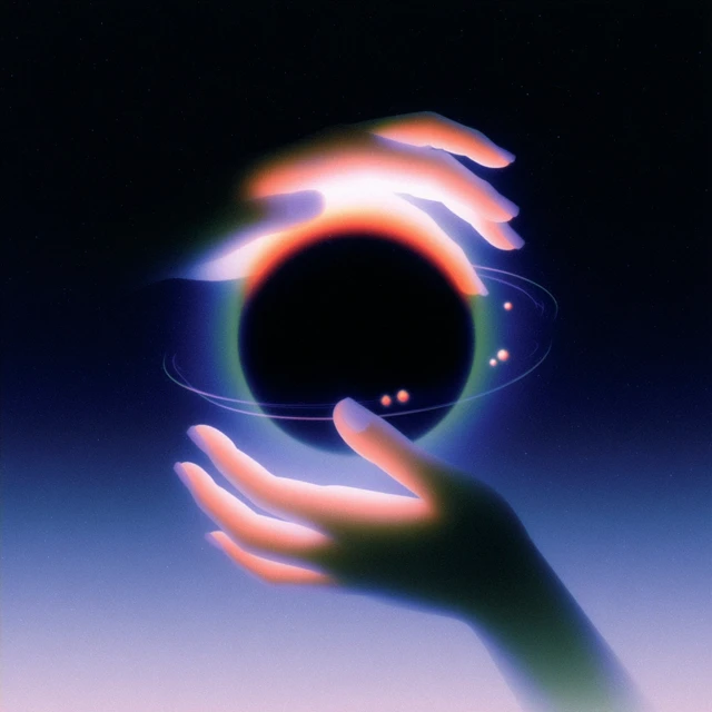 Neon Hands Cosmic Energy Sphere Retro Illustration