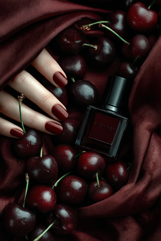 Cherry Flatlay Dark Cherries Satin Fabric Red Nails