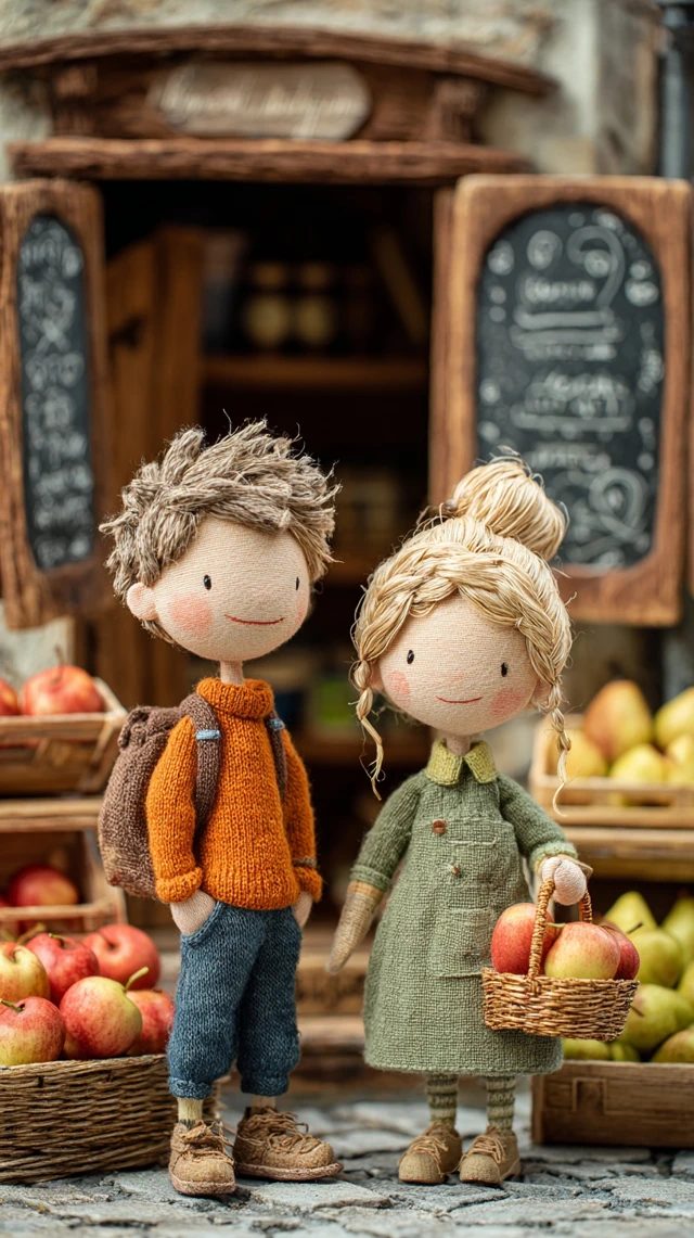 Handcrafted Couple at Village Market Charming Artwork