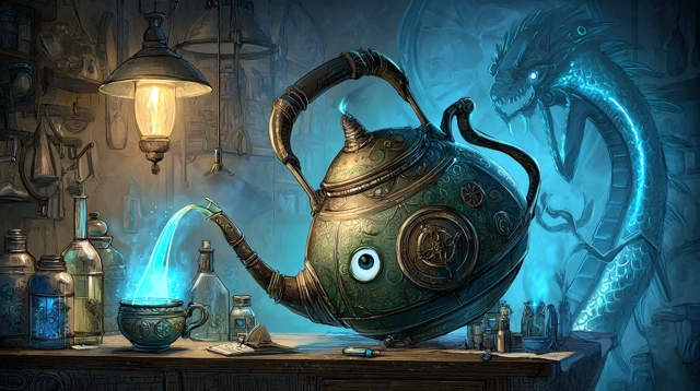 Mischievous Steampunk Teapot Pouring Tea