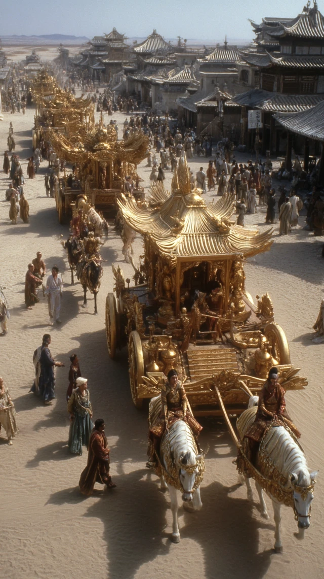 Ancient Chinese Carriages in Desert Scene