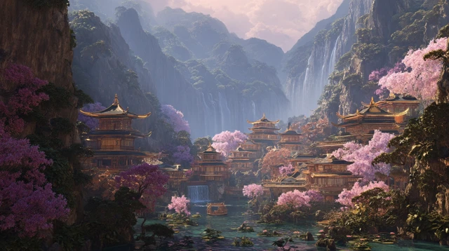 Chinese Mythology Peach Blossom Valley Scene Hyperrealism 8K