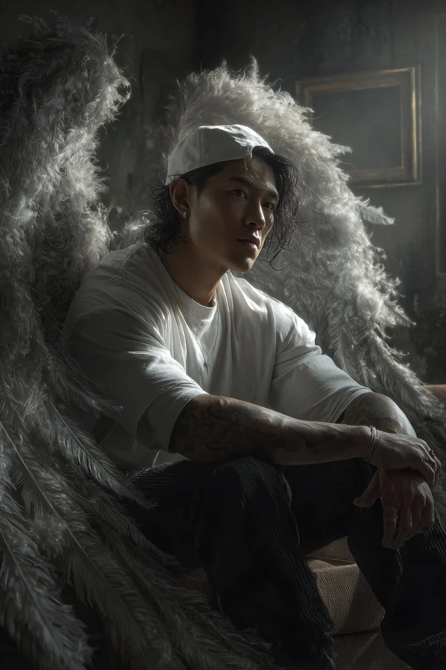 Asian Angel with Feathered Wings in Modern Apartment