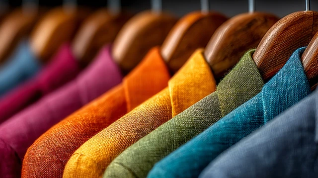Colorful Linen Suits on Wooden Hangers Fashion