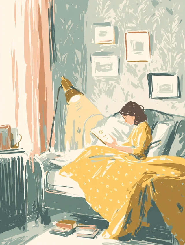 Cozy Reading Illustration Gouache Style