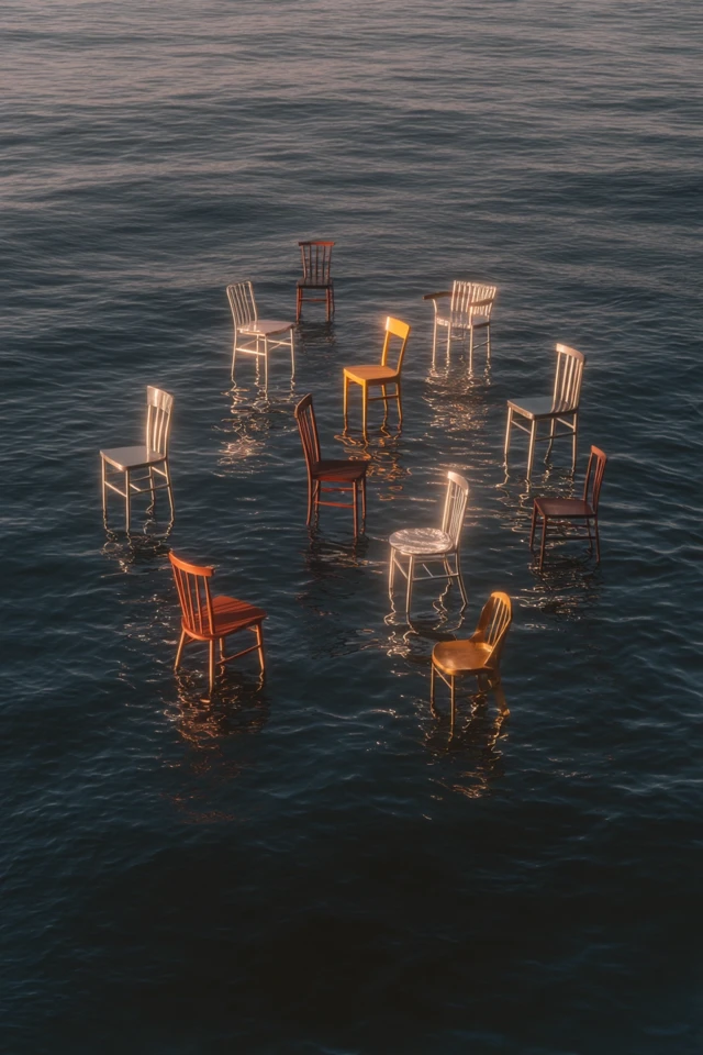 Designer Chairs on Ocean: Dreamlike Abstract Scene