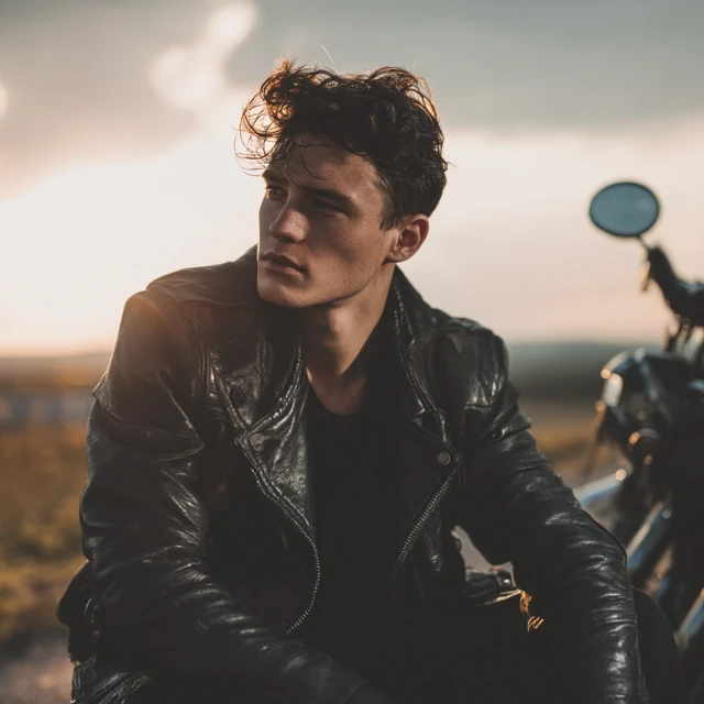 Handsome Brunette in Leather Jacket on Motorcycle