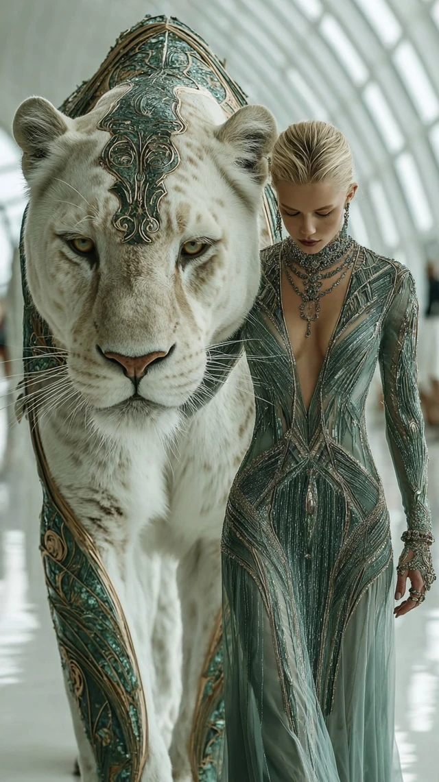 Elegant Model and White Panther Guardian Couture