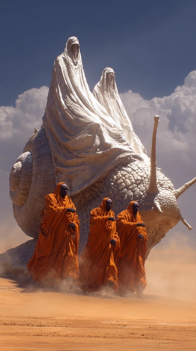 Alien Monks Riding Snail in Desert