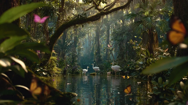 Tropical Forest Scene with Cranes and Pond