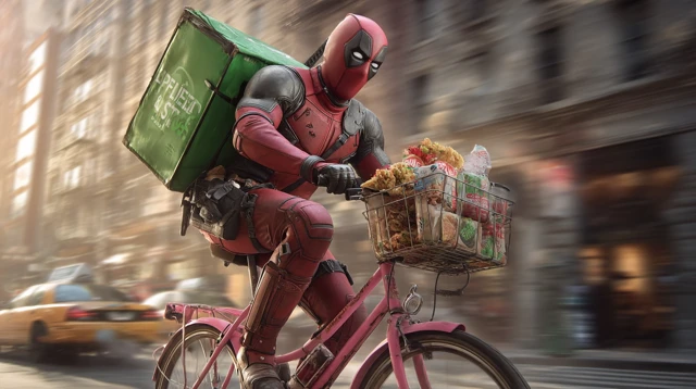 Deadpool Delivers Tacos on a Pink Bike