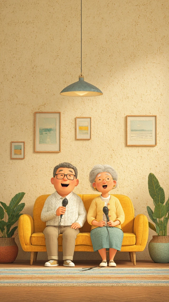 Joyful Grandparents Singing in Cozy Living Room