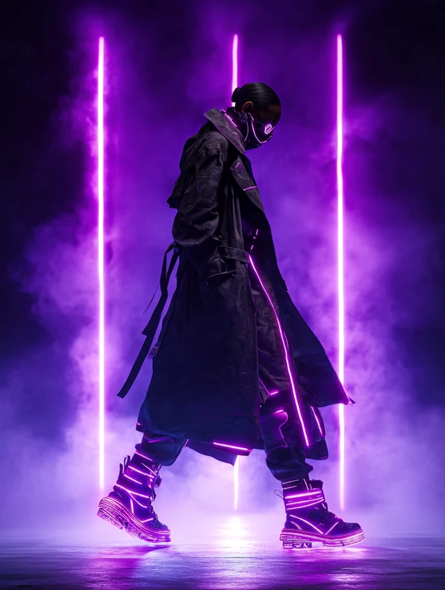 Cyberpunk Fashion Portrait Glowing Trench Coat