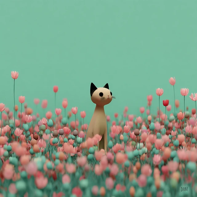 Kitten in a Flower Field 3D Illustration