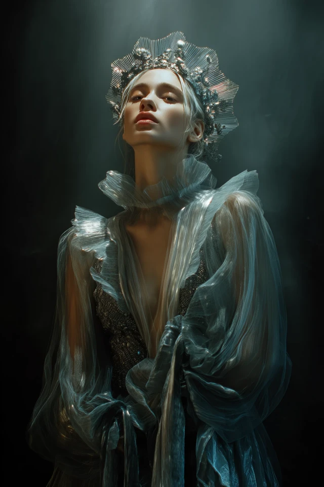 Dreamlike Queen in Silver Gown and Antique Crown