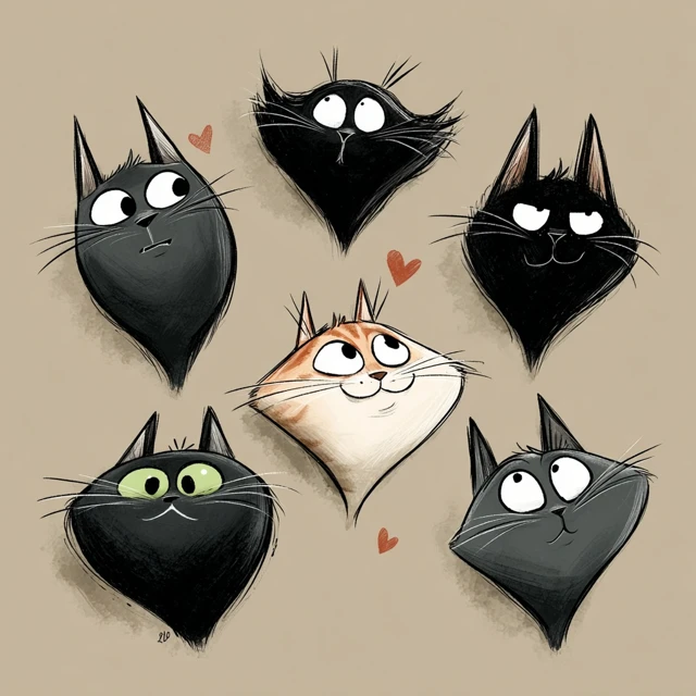 Cartoon Cat Heads Shaped as Hearts