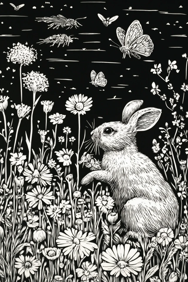 Linocut Meadow Rabbits Bees Butterflies Art