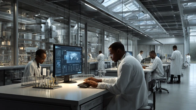Busy Science Lab: Researchers Working with Computers