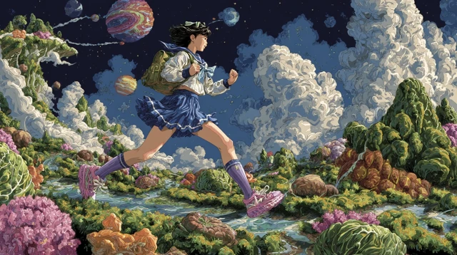 Chinese School Kids Running in Fantasy Artwork