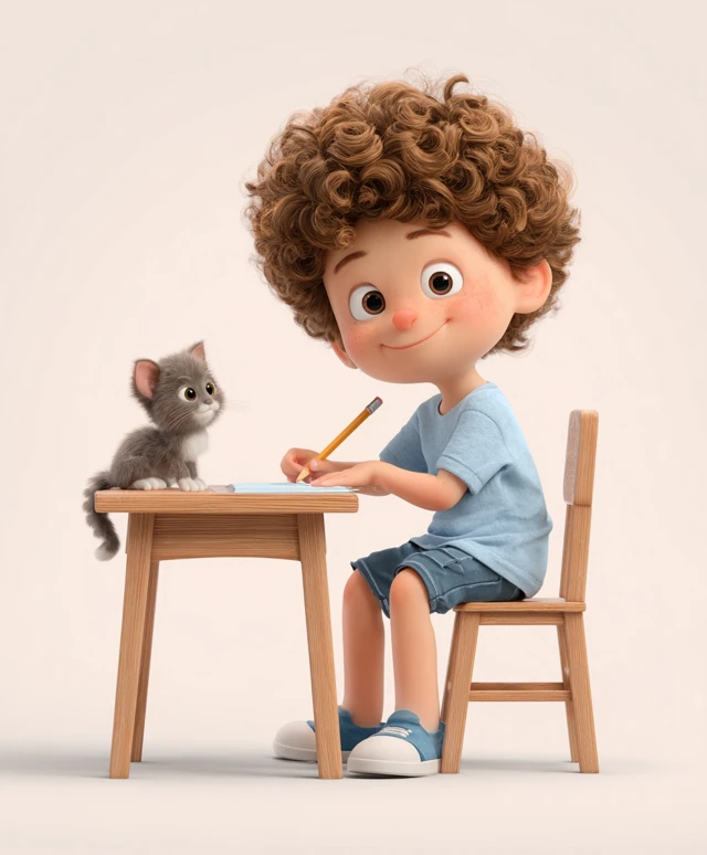 Cute Cartoon Boy with Kitten 3D Illustration