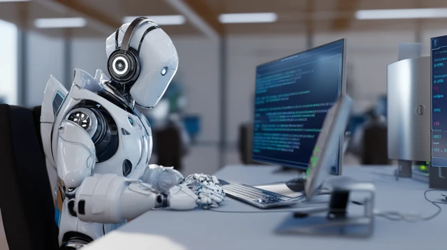 AI Agent Robot Working at Data Workstation