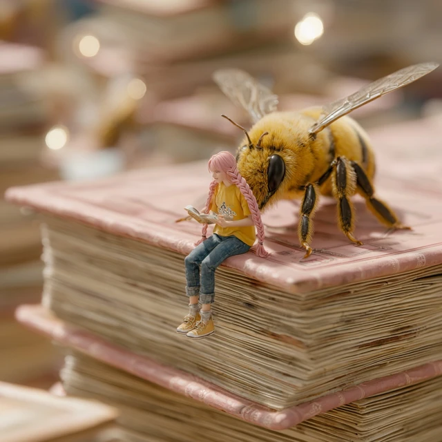 Giant Bookstore with Girl Bee Friend Macro Photography