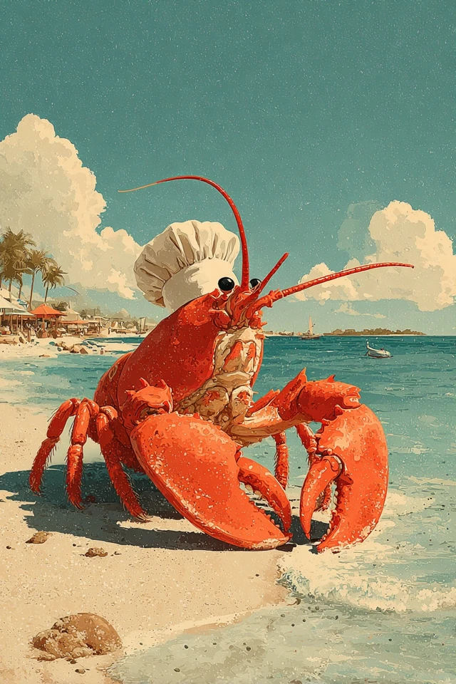 Funny Cartoon Lobster Chef Beach Scene