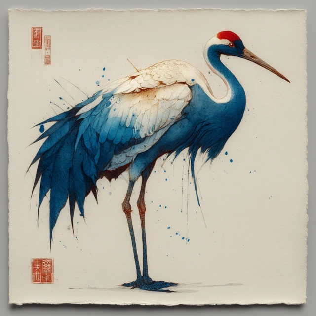 Indigo Crane Watercolor Art
