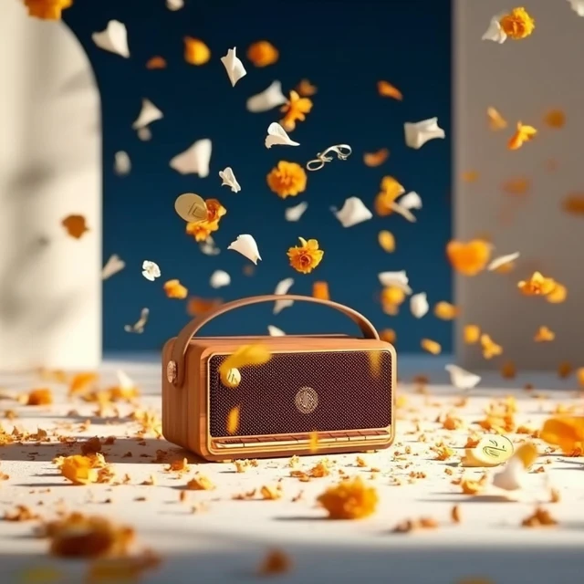 Wooden Speaker Design with Soft Shadows and Abstract Music