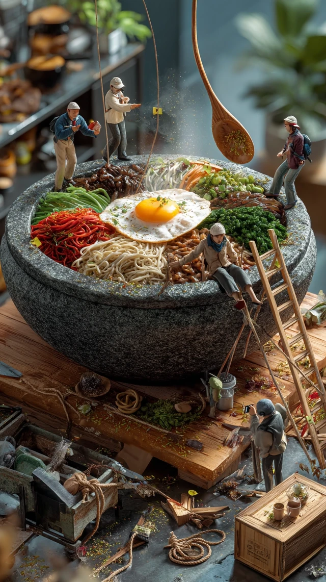 Bibimbap Feast Miniature People UltraRealistic Top View