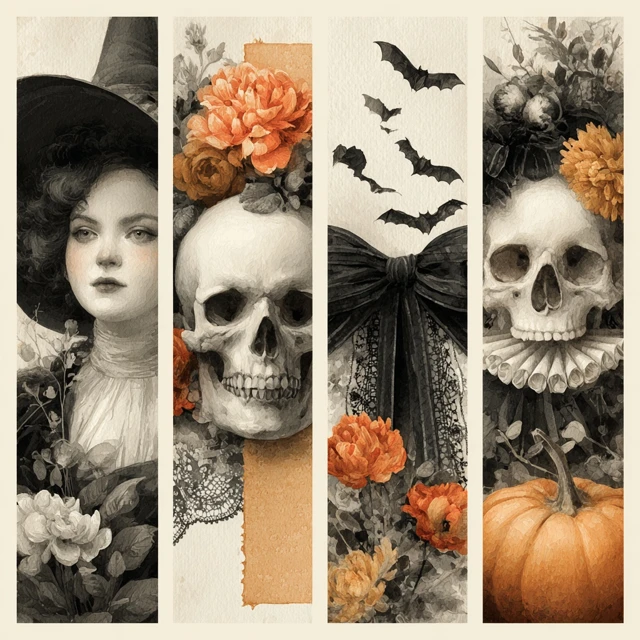 Halloween Watercolor Collage Witch Skull Bats Pumpkin