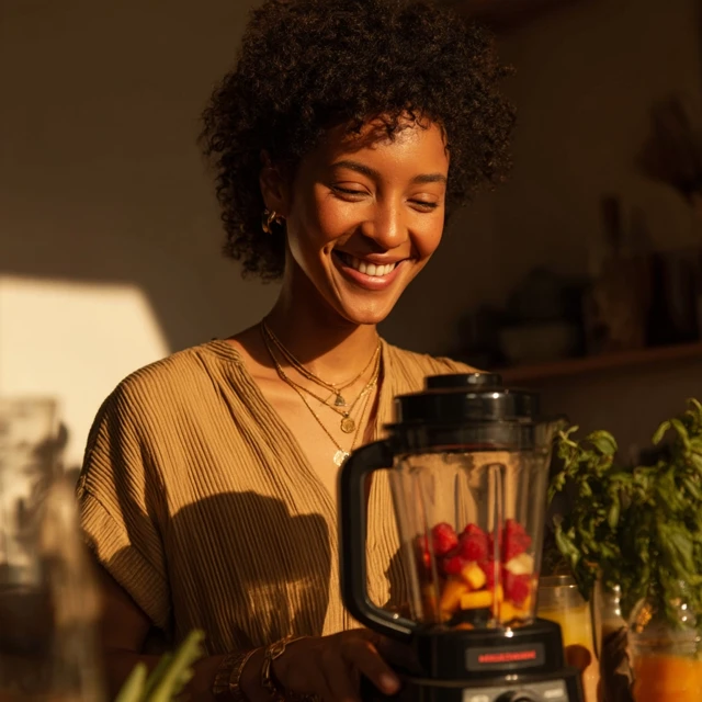Cheerful Woman Using Blender in Kitchen Lifestyle Photo
