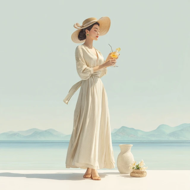 Asian Woman in Dress with Drink and Straw Hat