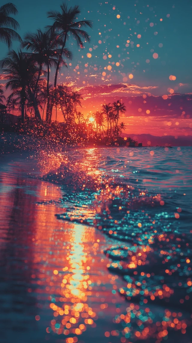 Sunset Beach with Palm Trees Bokeh Photo