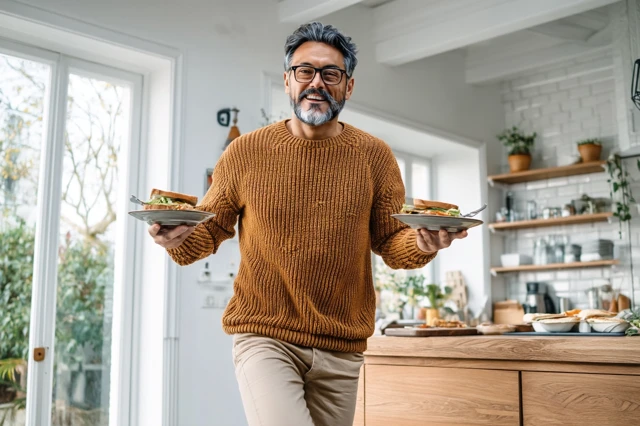 Cheerful Man Dancing with Breakfast in Kitchen