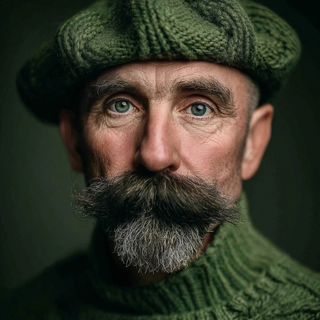 British Man Green Military Cap and Mustache